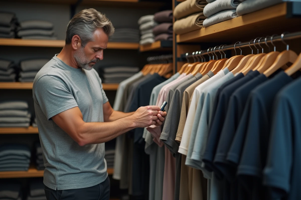 Homme en taille L examinant une étiquette de vêtement devant un portant de vêtements organisés