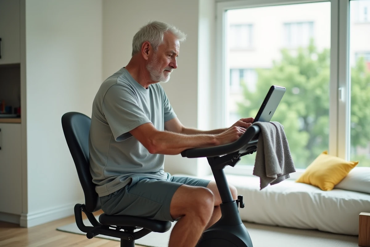 Homme âgé lisant sur un vélo d