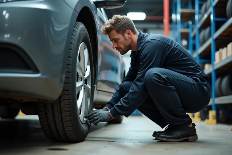 Technicien automobile inspectant l'usure d'un pneu de voiture avec une jauge de profil dans un garage professionnel