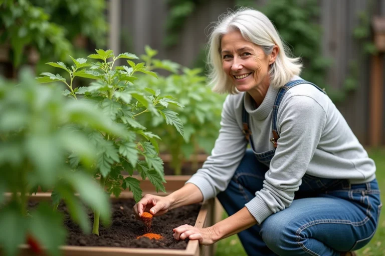 Femme jardinant avec paprika sur tomates saines