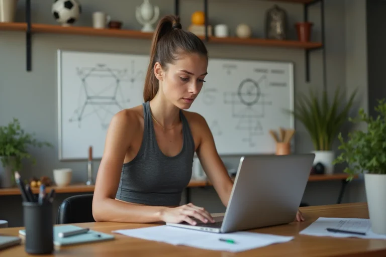 Jeune femme sportive analyse un diagramme géométrique sur son ordinateur