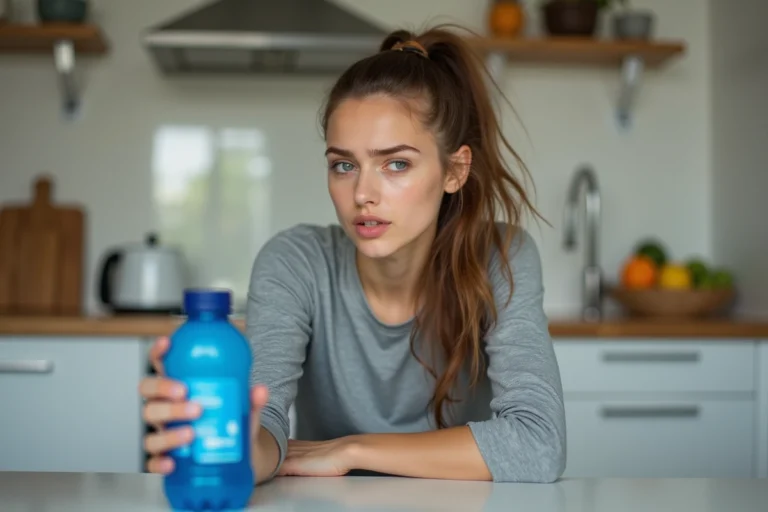 Jeune femme en sport dans la cuisine avec boisson bleue
