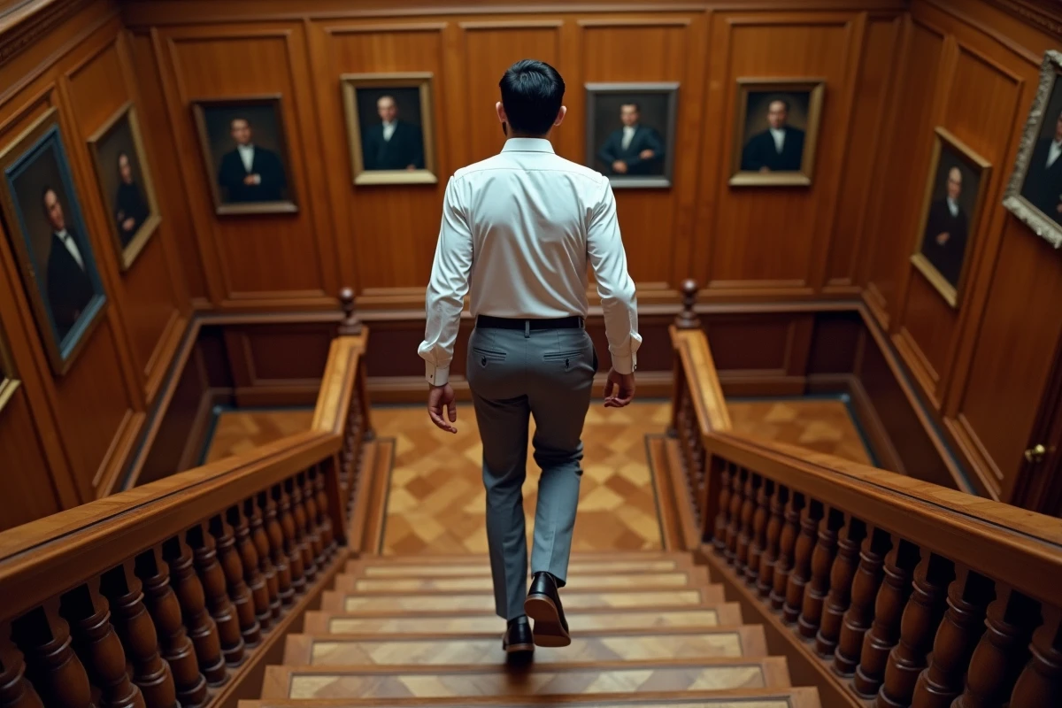 Jeune homme montant des escaliers dans un bâtiment administratif