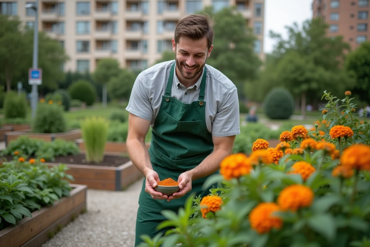 Jeune homme avec paprika dans jardin urbain