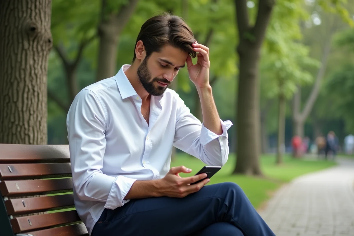 Jeune homme assis sur un banc ajustant ses cheveux en plein air