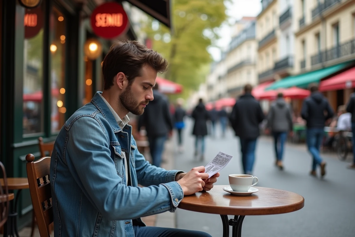 Jeune homme français lisant un ticket Keno en terrasse parisienne