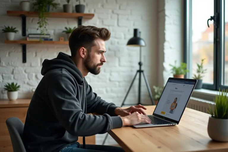 Jeune homme en hoodie utilisant son ordinateur pour uploader des images