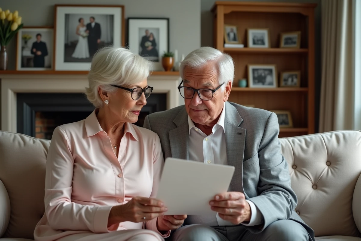 Jeune femme lisant un discours émouvant à ses grands-parents pour leurs 50 ans de mariage dans un salon familial