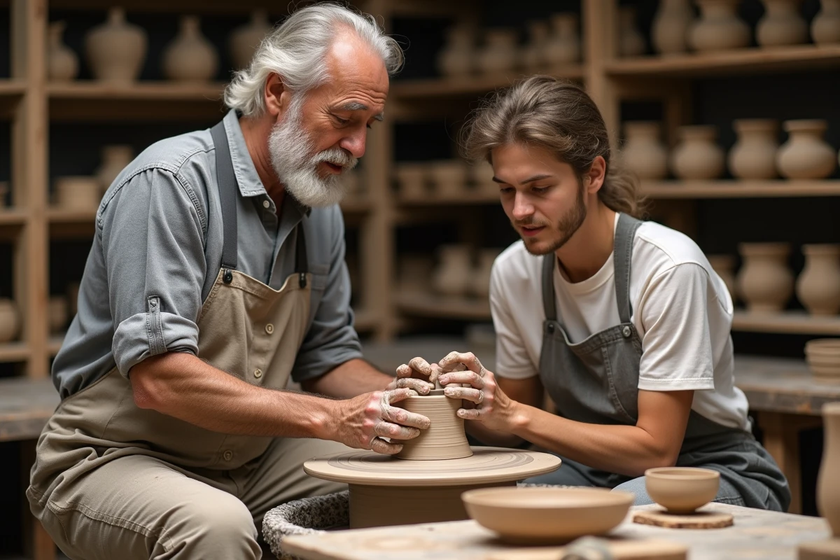 Maître artisan céramiste transmettant son savoir-faire à un apprenti sur un tour de potier