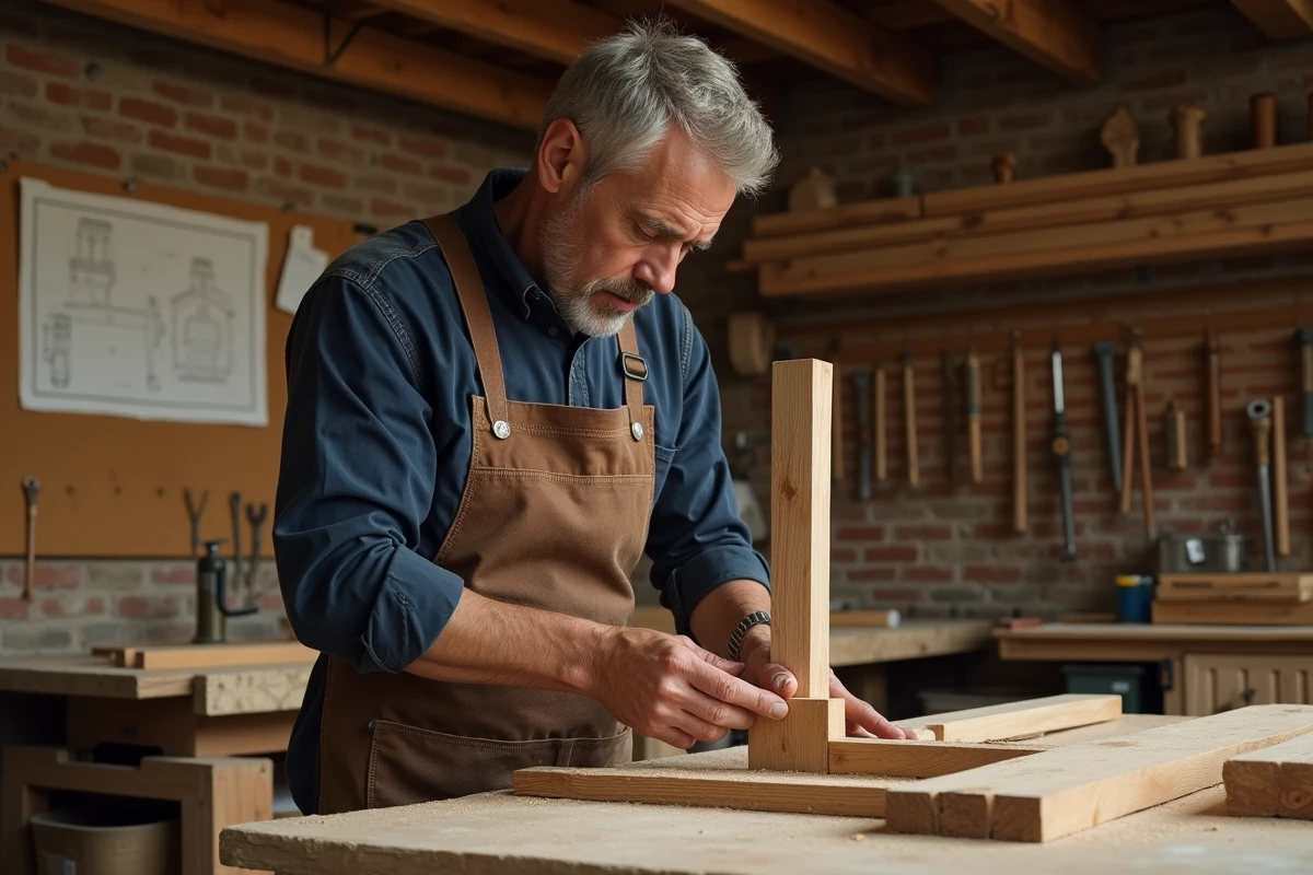 Maître artisan menuisier examinant une pièce de bois sculptée dans son atelier traditionnel
