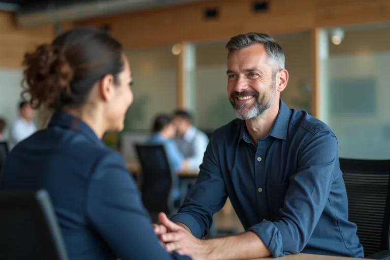 Manager attentif en entretien individuel avec une collaboratrice dans un bureau moderne, illustrant l'écoute active et le soutien à la santé mentale au travail