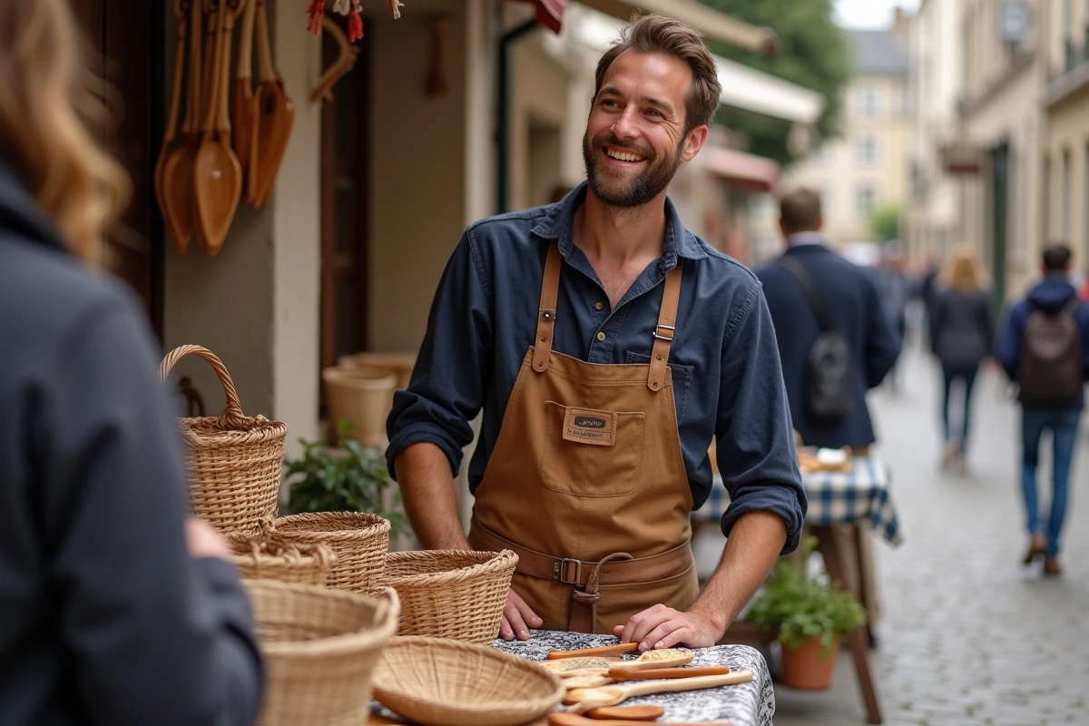 Jeune homme breton vendant des paniers et textiles au marché