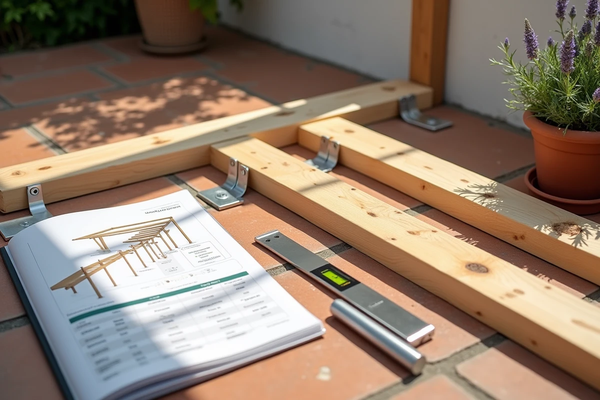 Matériaux et catalogue de prix pour la construction d'un abri voiture en bois disposés sur une terrasse