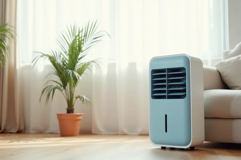 Climatiseur mobile OneConcept Caribbean Blue posé dans un salon moderne au décor scandinave avec canapé en lin beige et plante tropicale