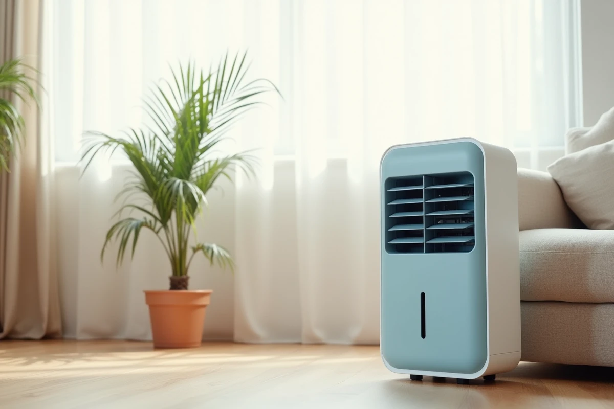 Climatiseur mobile OneConcept Caribbean Blue posé dans un salon moderne au décor scandinave avec canapé en lin beige et plante tropicale