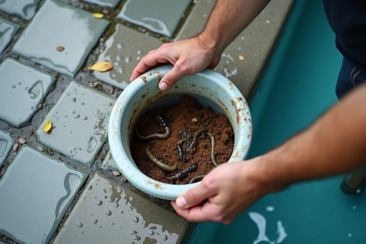 Panier de skimmer de piscine rempli de vers et débris après la pluie, tenu au-dessus du coffre de skimmer