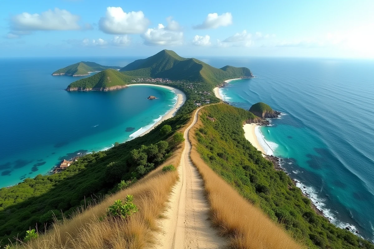 Vue panoramique des baies successives et des plages de sable blanc autour de Kuta Lombok depuis une colline