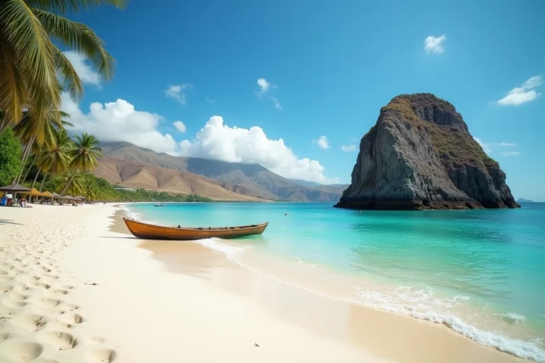 Plage sauvage aux eaux turquoise près de Kuta Lombok avec un bateau de pêcheur traditionnel sur le sable blanc