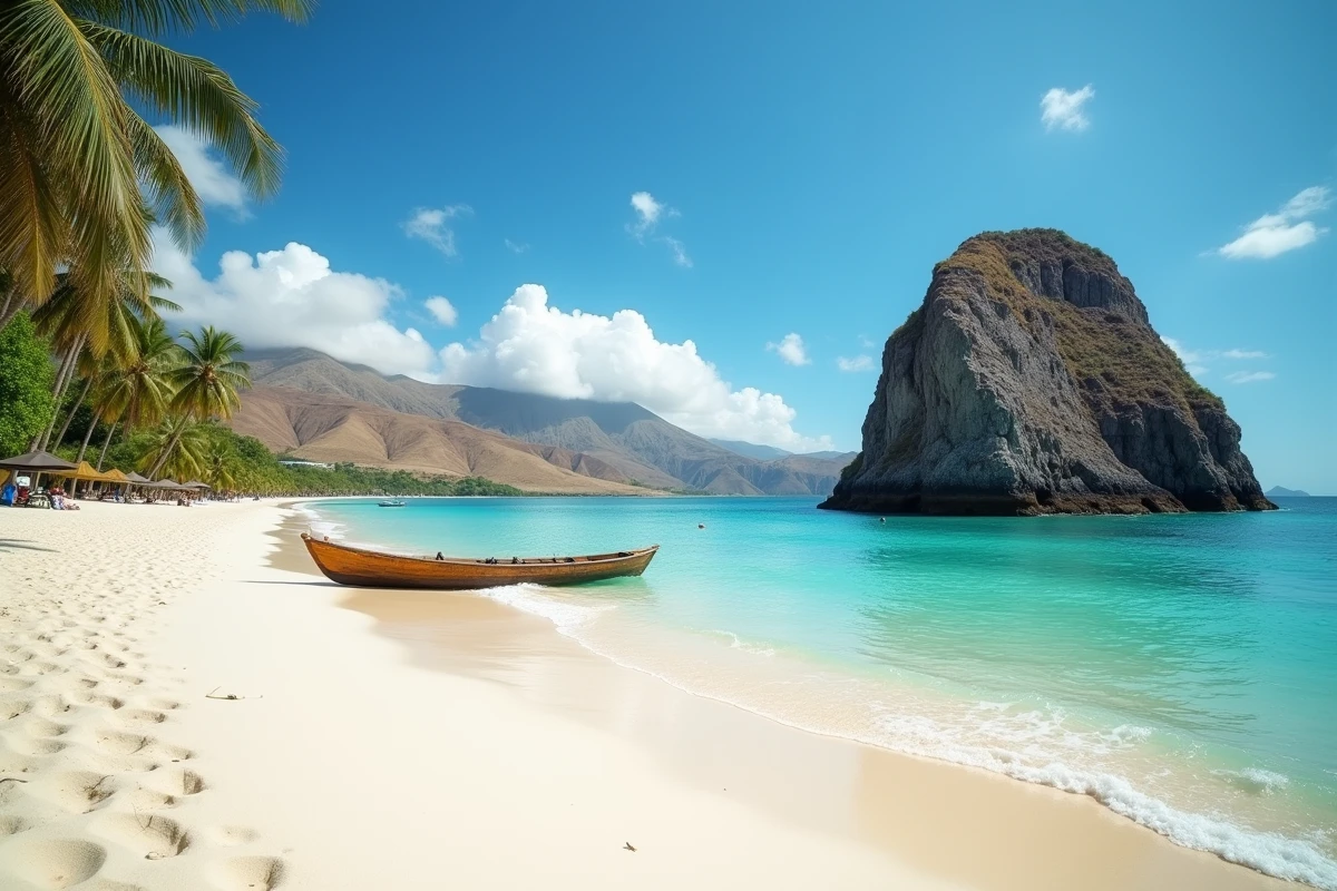 Plage sauvage aux eaux turquoise près de Kuta Lombok avec un bateau de pêcheur traditionnel sur le sable blanc