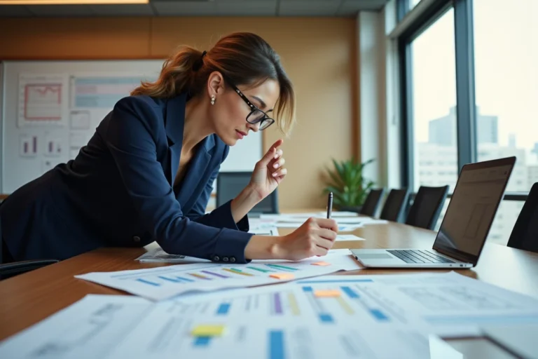 Professionnelle planifiant un événement avec des documents et un ordinateur portable sur une table de conférence en bois