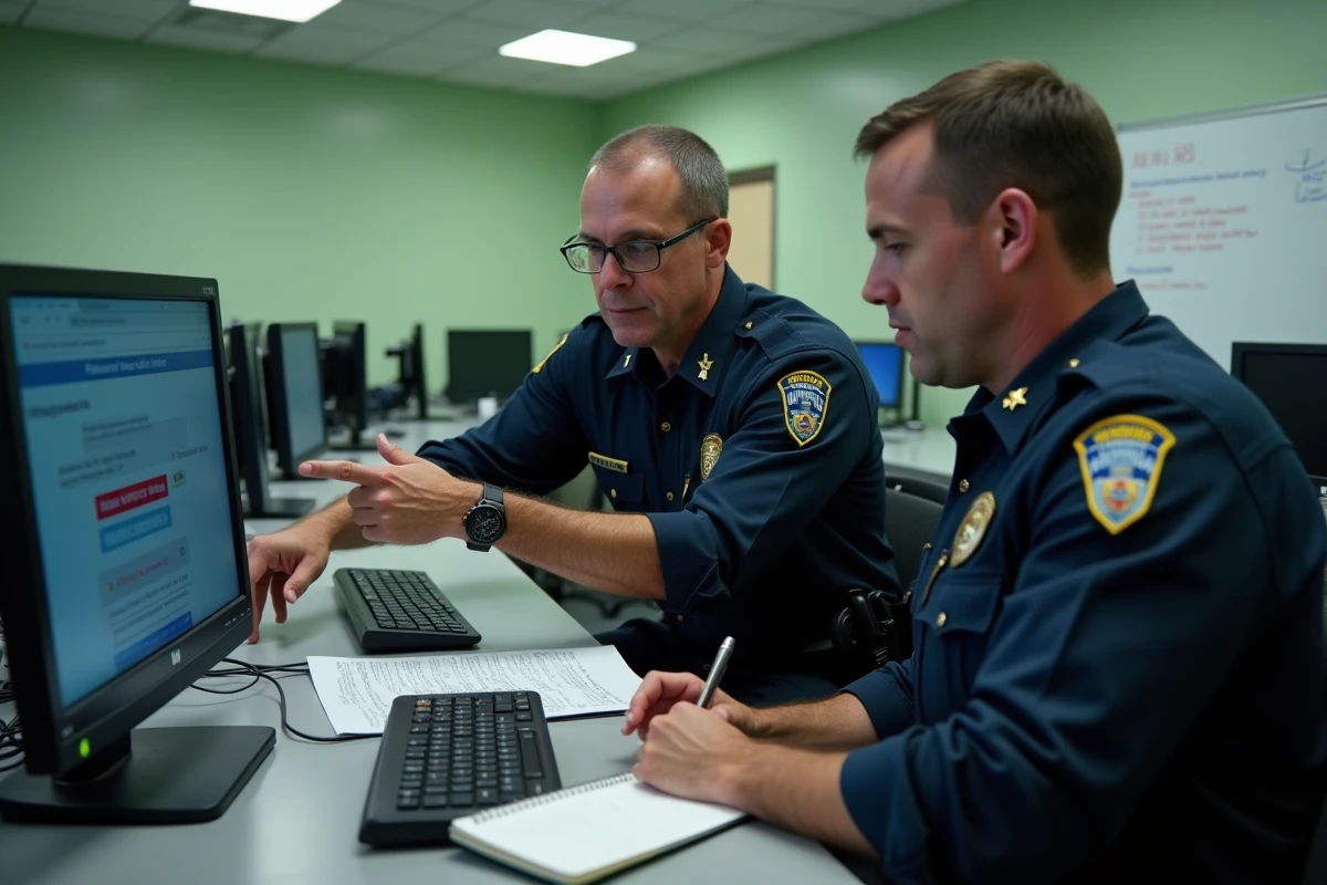 Deux policiers consultant un guide de dépannage pour résoudre un problème d'accès sur eCampus Police