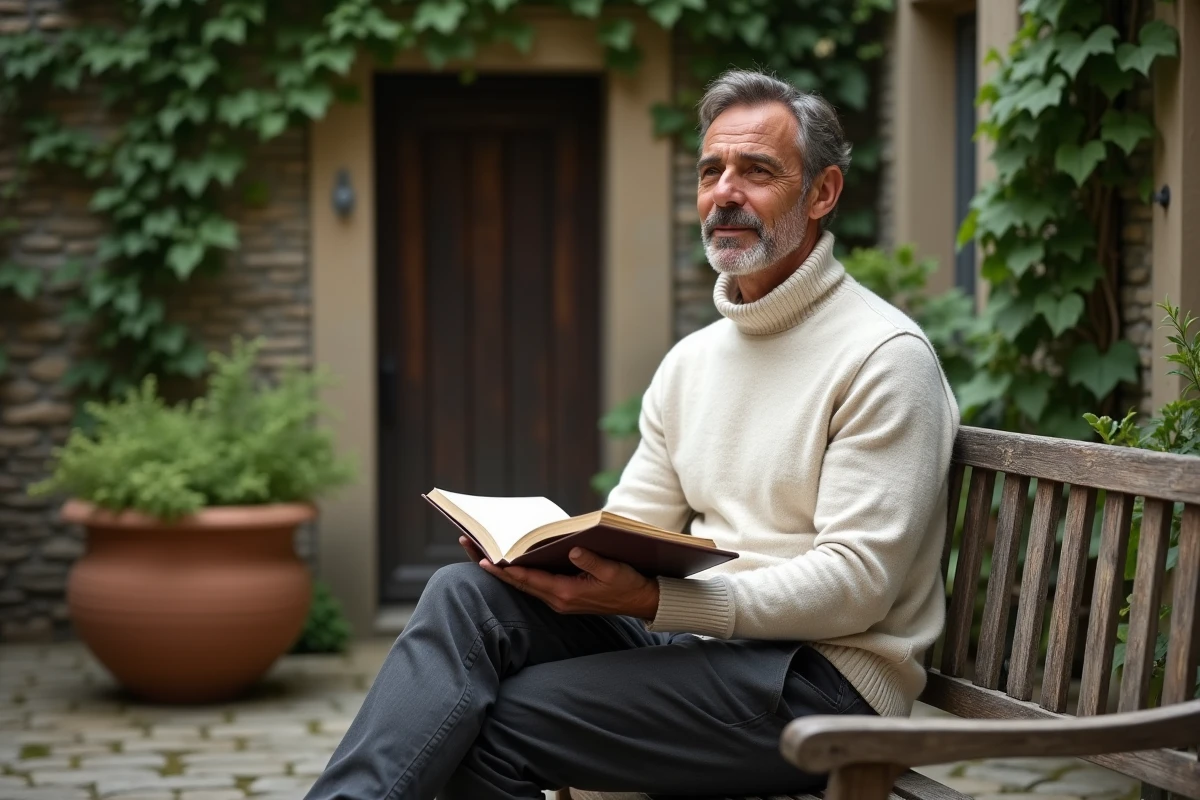 Homme pensif assis dans une cour de jardin en pierre avec un livre, portrait éditorial intimiste en tenue décontractée élégante