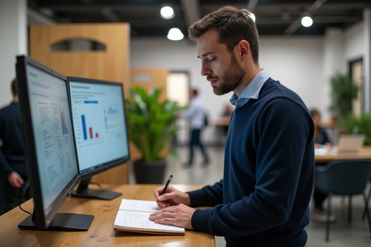 Professionnel masculin analysant une proposition commerciale sur un grand écran dans un espace de coworking moderne pour booster son activité