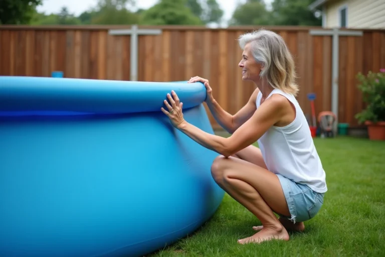 Femme redressant le bord déformé d'une piscine autoportée gonflable dans un jardin résidentiel