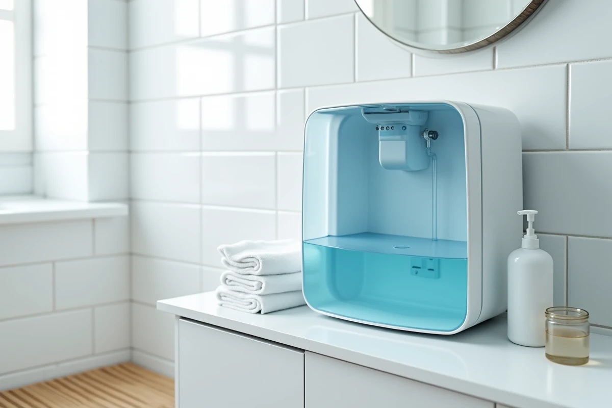 Remplissage du réservoir d'eau du climatiseur OneConcept Caribbean Blue dans une salle de bain contemporaine avec carrelage blanc et serviette en éponge