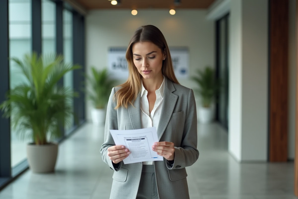 Responsable RH consultant un document d'évaluation du bien-être des salariés dans un couloir de bureau moderne, symbolisant la démarche proactive de prévention en santé mentale
