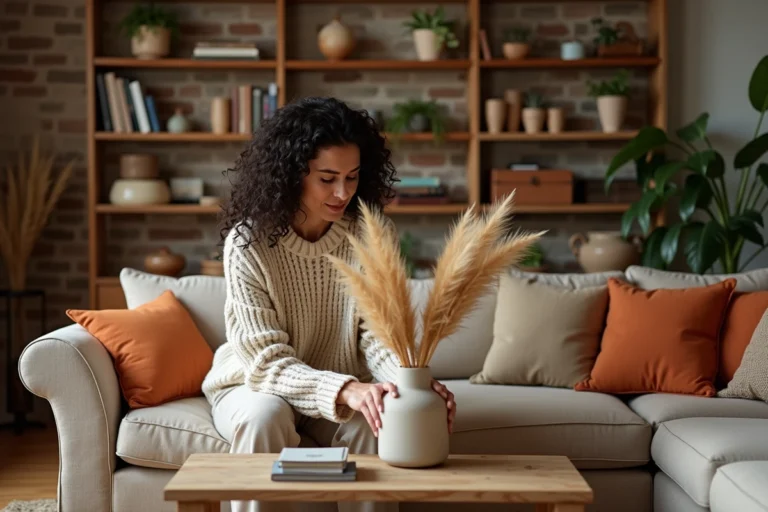 Femme aménageant un salon chaleureux avec des éléments de décoration naturels, murs en briques et tapis en laine aux tons terreux