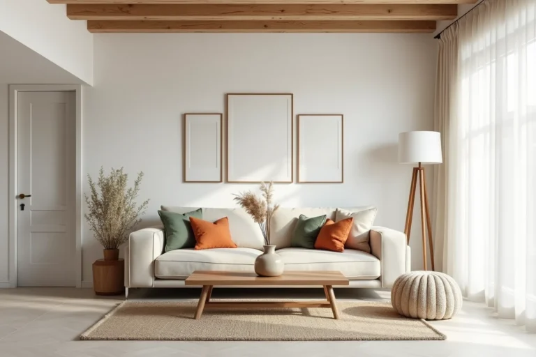Salon scandinave moderne avec canapé en lin, coussins terracotta et table basse en noyer dans un intérieur épuré et stylé
