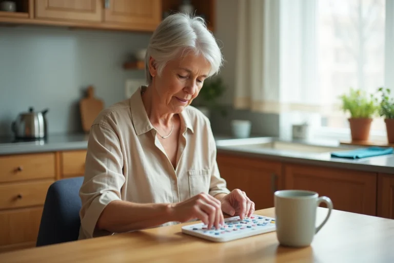 Femme senior préparant son pilulier hebdomadaire dans une cuisine chaleureuse pour gérer son autonomie au quotidien