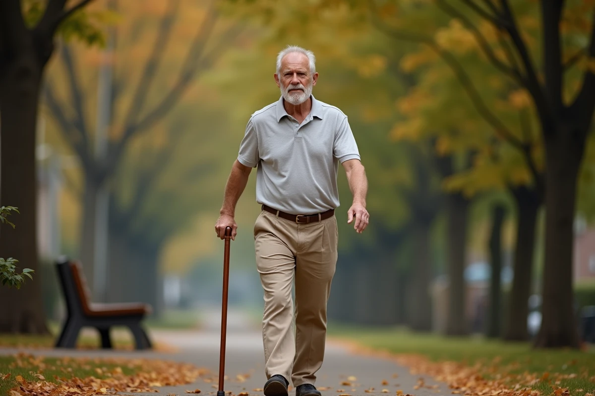 Homme senior marchant avec une canne dans un parc en automne, illustrant la mobilité et le confort des personnes âgées