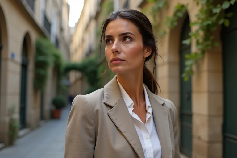 Portrait de Sophie Hébrard, journaliste française, dans une cour parisienne aux murs en pierre
