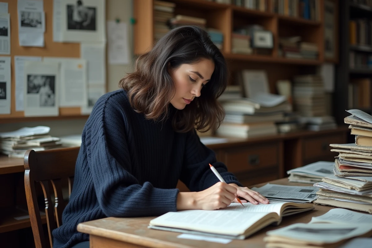 Sophie Hébrard travaillant dans une rédaction vintage entourée de documents et de photographies