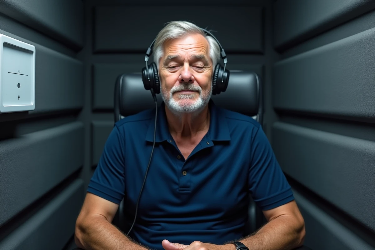 Un homme âgé effectuant un test auditif dans une cabine d'audiométrie lors d'un bilan chez un spécialiste