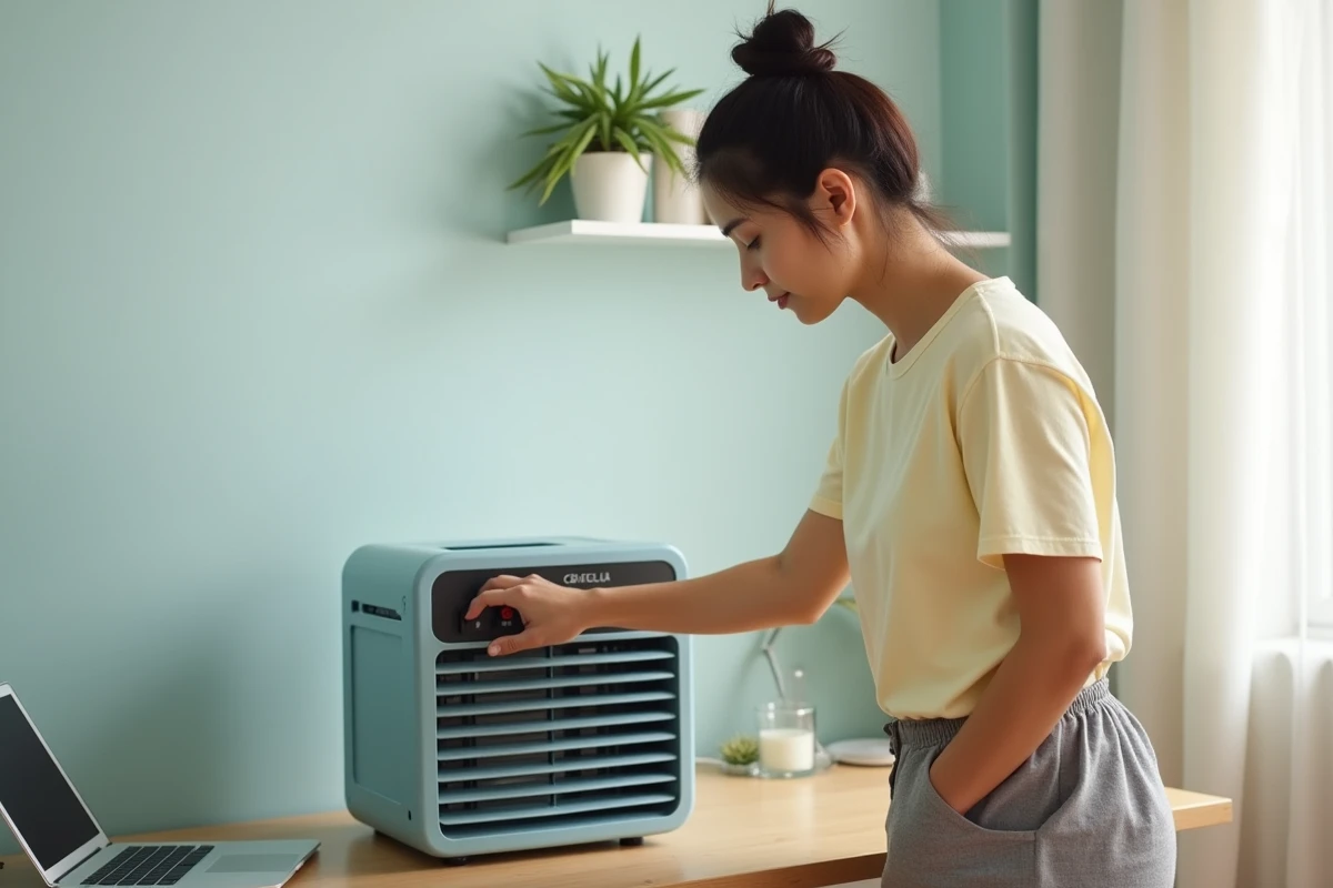 Femme utilisant le climatiseur OneConcept Caribbean Blue dans un bureau à domicile moderne avec ordinateur portable et plante verte