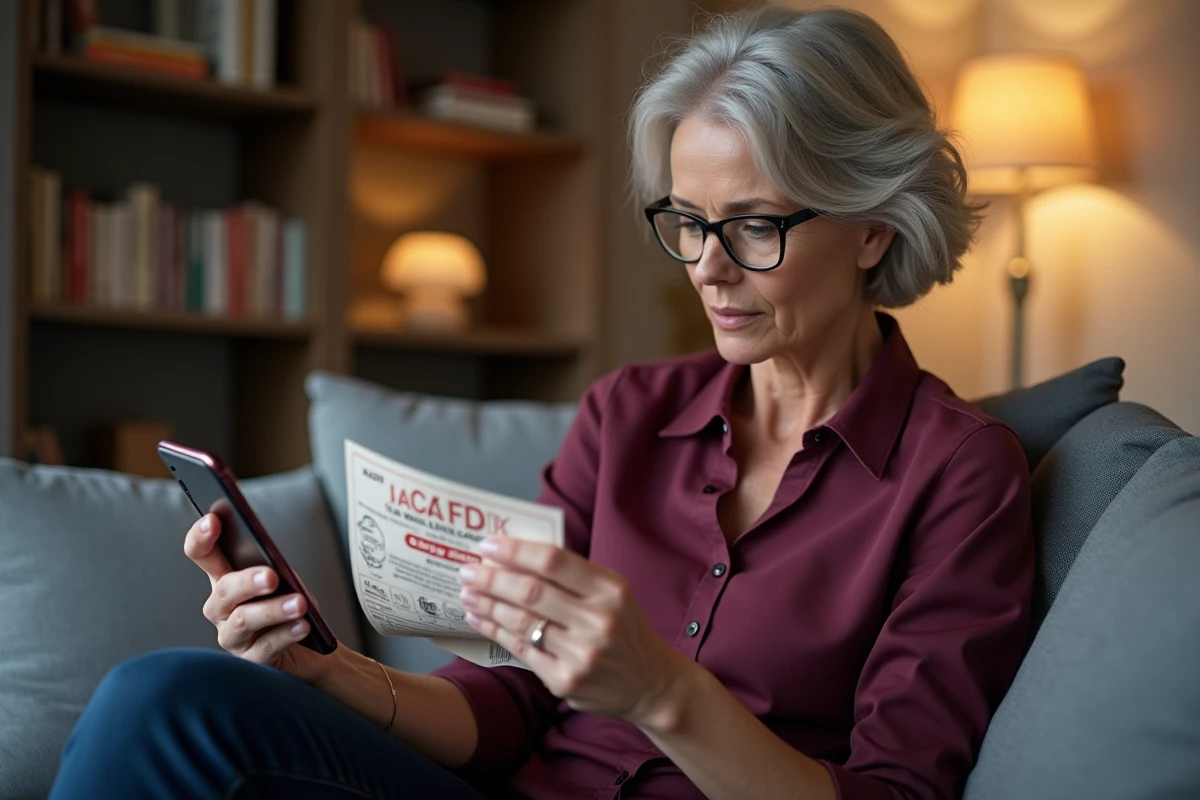 Femme vérifiant le code My Million Euromillions sur l'application FDJ avec son smartphone et son ticket
