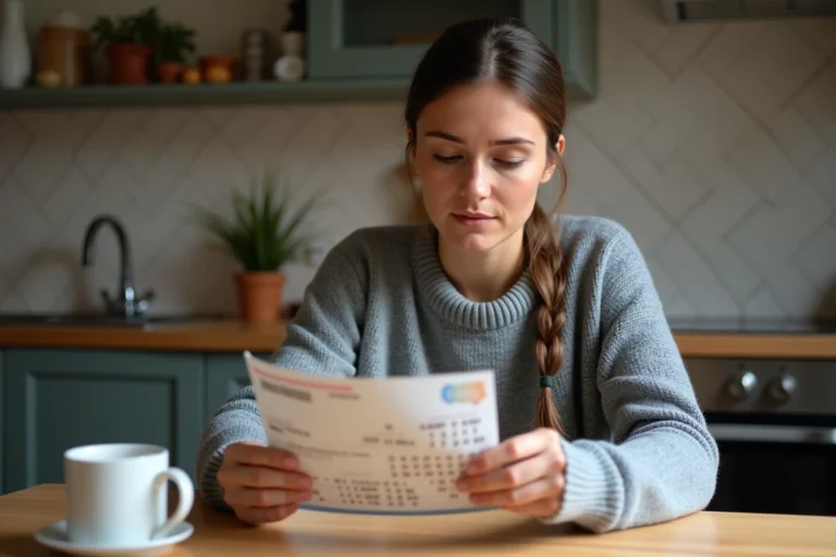 Femme vérifiant son ticket Euromillions My Million dans une cuisine, tenant le billet de loterie entre ses mains