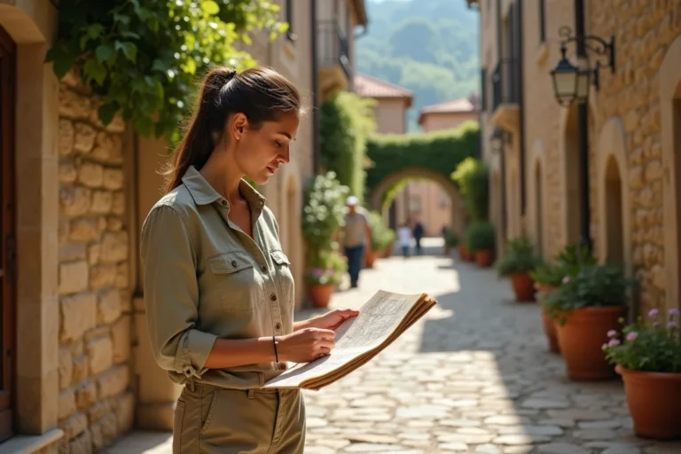 Voyageuse consultant une carte papier dans une ruelle pavée d'un village européen historique